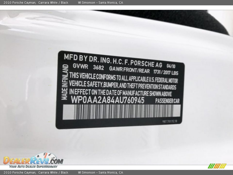 2010 Porsche Cayman Carrara White / Black Photo #20