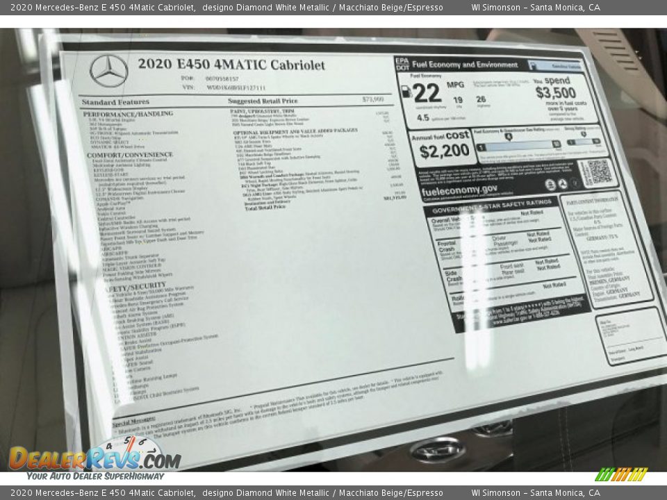 2020 Mercedes-Benz E 450 4Matic Cabriolet Window Sticker Photo #10