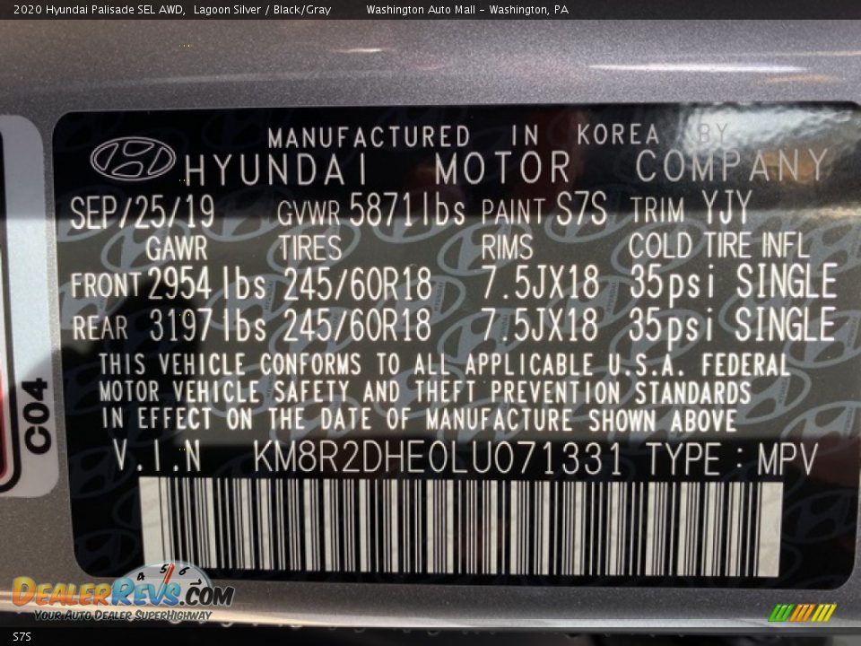 Hyundai Color Code S7S Lagoon Silver