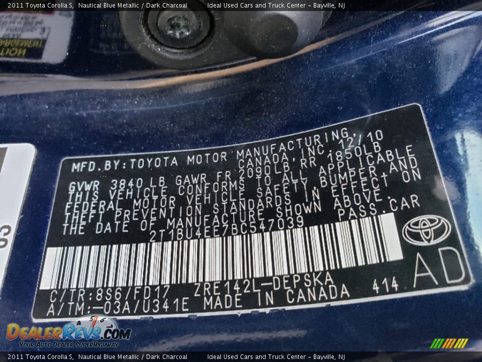 2011 Toyota Corolla S Nautical Blue Metallic / Dark Charcoal Photo #24