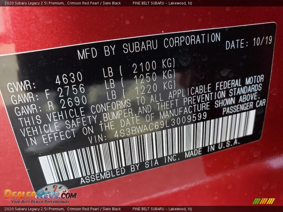 2020 Subaru Legacy 2.5i Premium Crimson Red Pearl / Slate Black Photo #9
