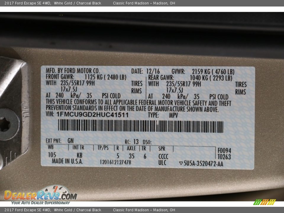 2017 Ford Escape SE 4WD White Gold / Charcoal Black Photo #20