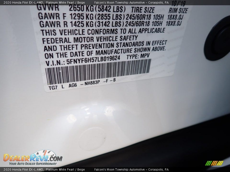 2020 Honda Pilot EX-L AWD Platinum White Pearl / Beige Photo #12