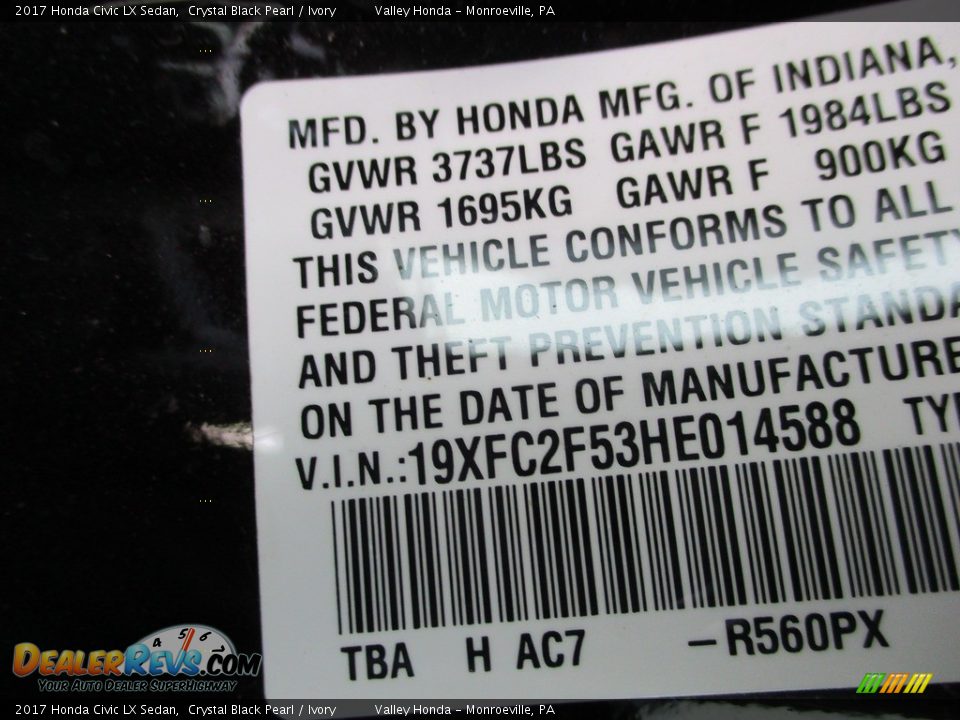 2017 Honda Civic LX Sedan Crystal Black Pearl / Ivory Photo #19