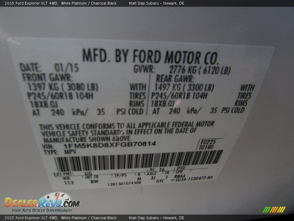 2015 Ford Explorer XLT 4WD White Platinum / Charcoal Black Photo #29
