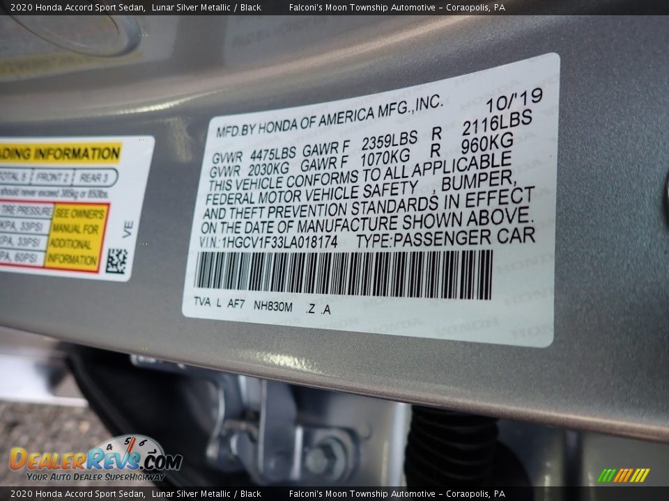 2020 Honda Accord Sport Sedan Lunar Silver Metallic / Black Photo #13