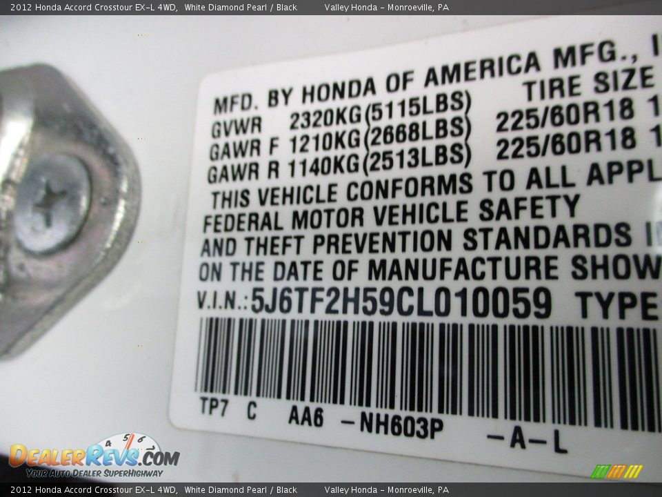 2012 Honda Accord Crosstour EX-L 4WD White Diamond Pearl / Black Photo #19
