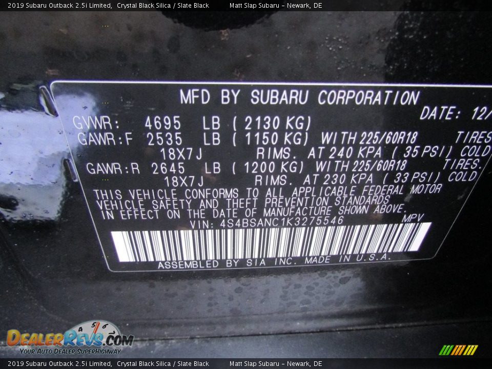 2019 Subaru Outback 2.5i Limited Crystal Black Silica / Slate Black Photo #30