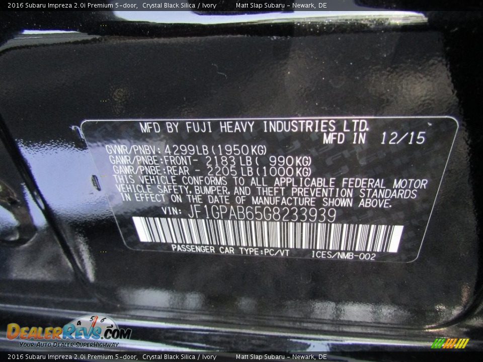 2016 Subaru Impreza 2.0i Premium 5-door Crystal Black Silica / Ivory Photo #29