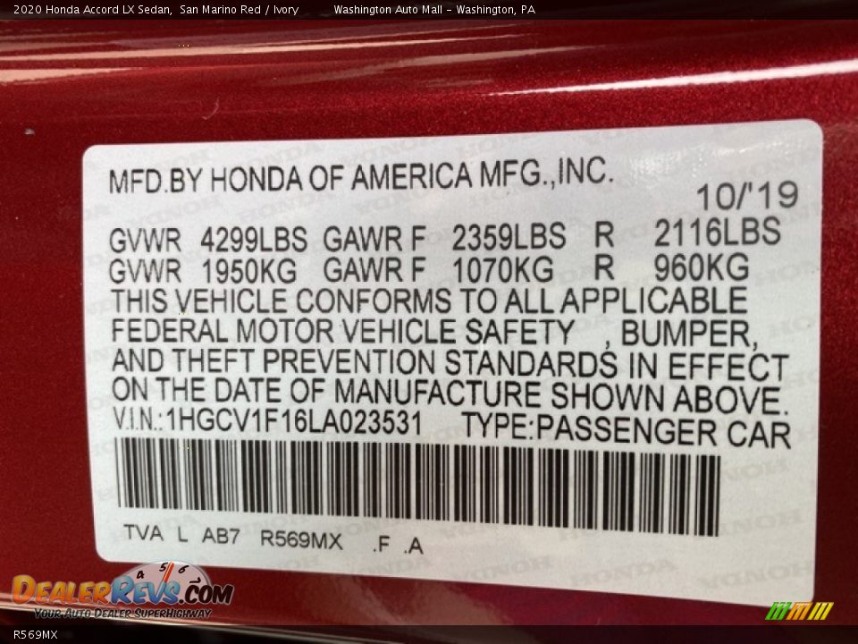 Honda Color Code R569MX San Marino Red