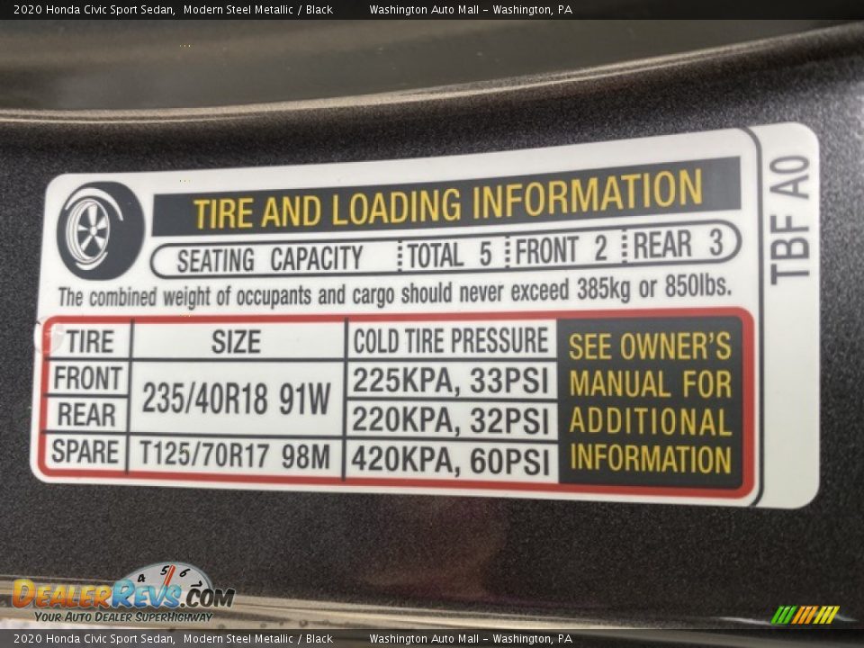 Info Tag of 2020 Honda Civic Sport Sedan Photo #8