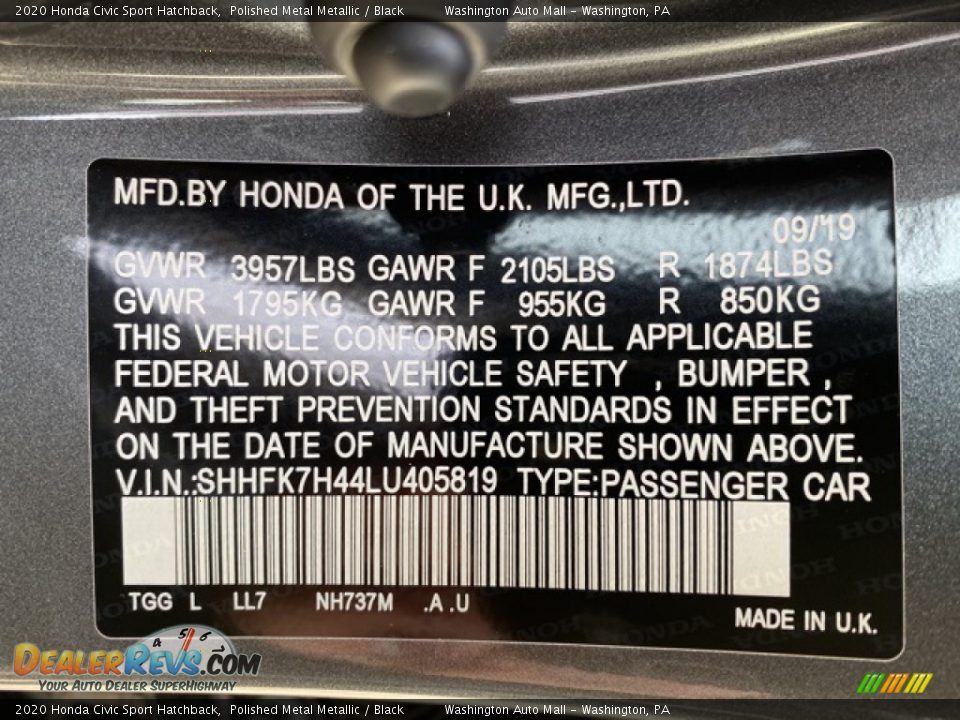 2020 Honda Civic Sport Hatchback Polished Metal Metallic / Black Photo #9