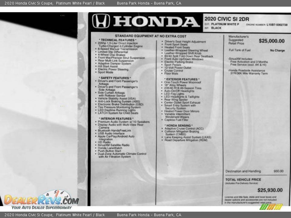 2020 Honda Civic Si Coupe Platinum White Pearl / Black Photo #36