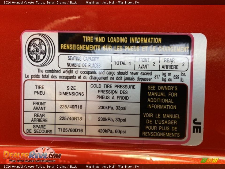 Info Tag of 2020 Hyundai Veloster Turbo Photo #9