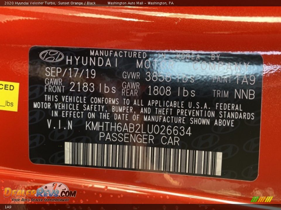 Hyundai Color Code 1A9 Sunset Orange