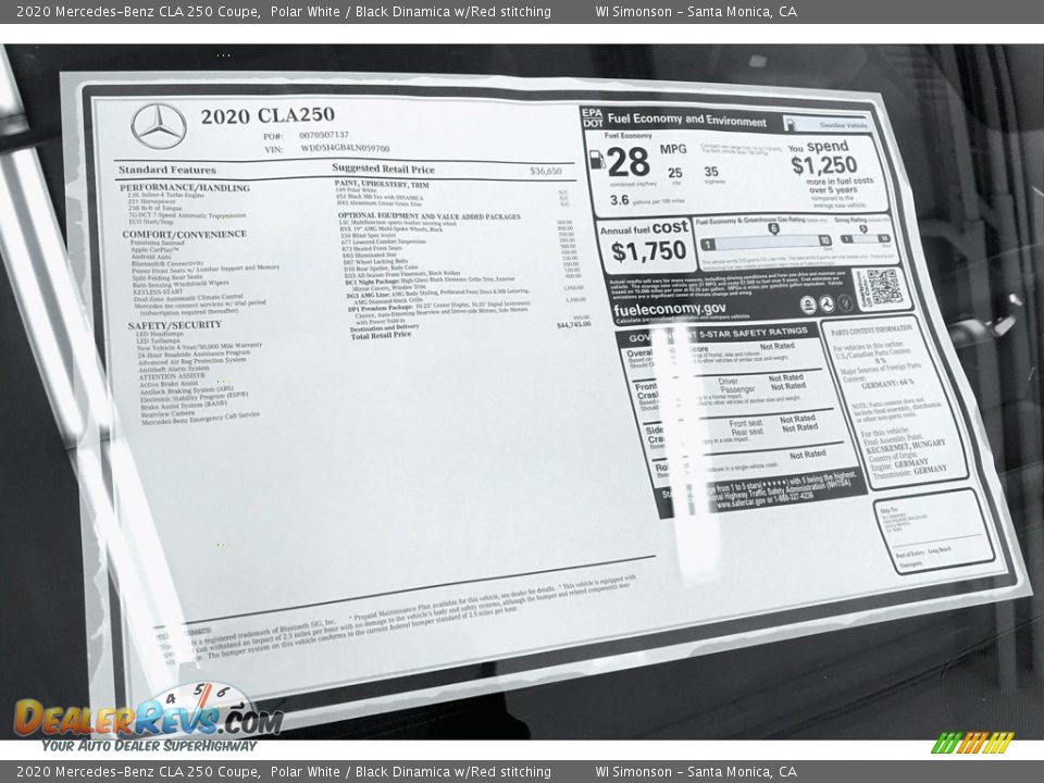 2020 Mercedes-Benz CLA 250 Coupe Polar White / Black Dinamica w/Red stitching Photo #10