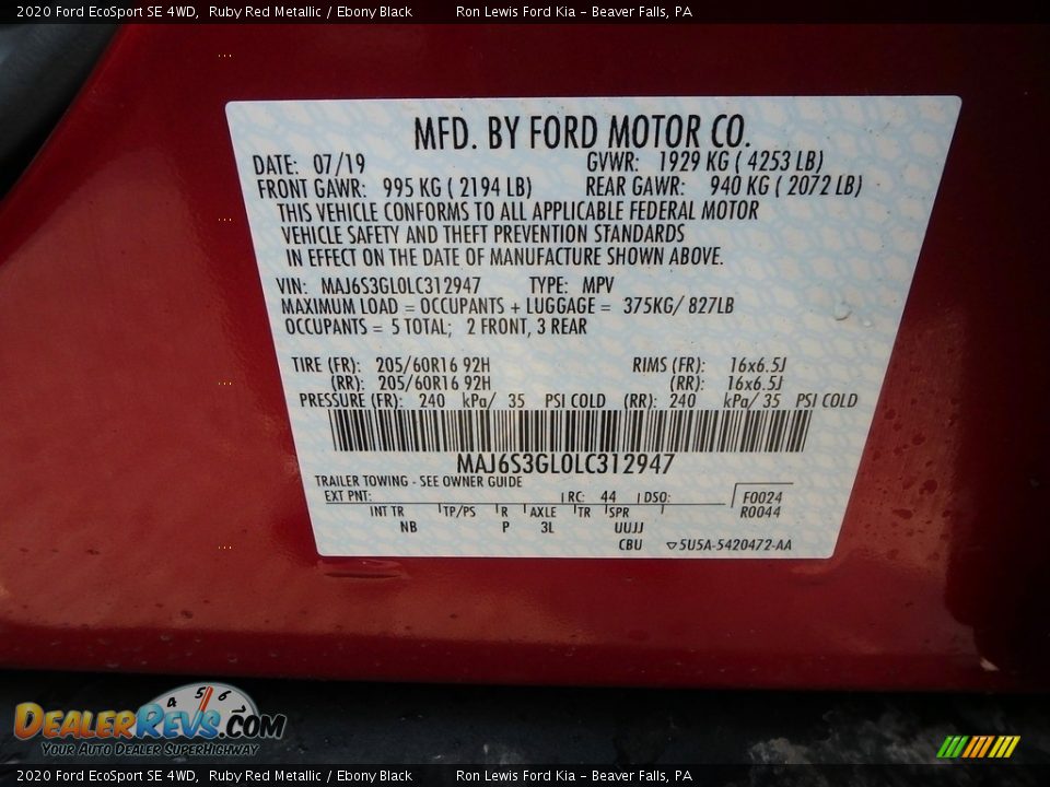 2020 Ford EcoSport SE 4WD Ruby Red Metallic / Ebony Black Photo #13