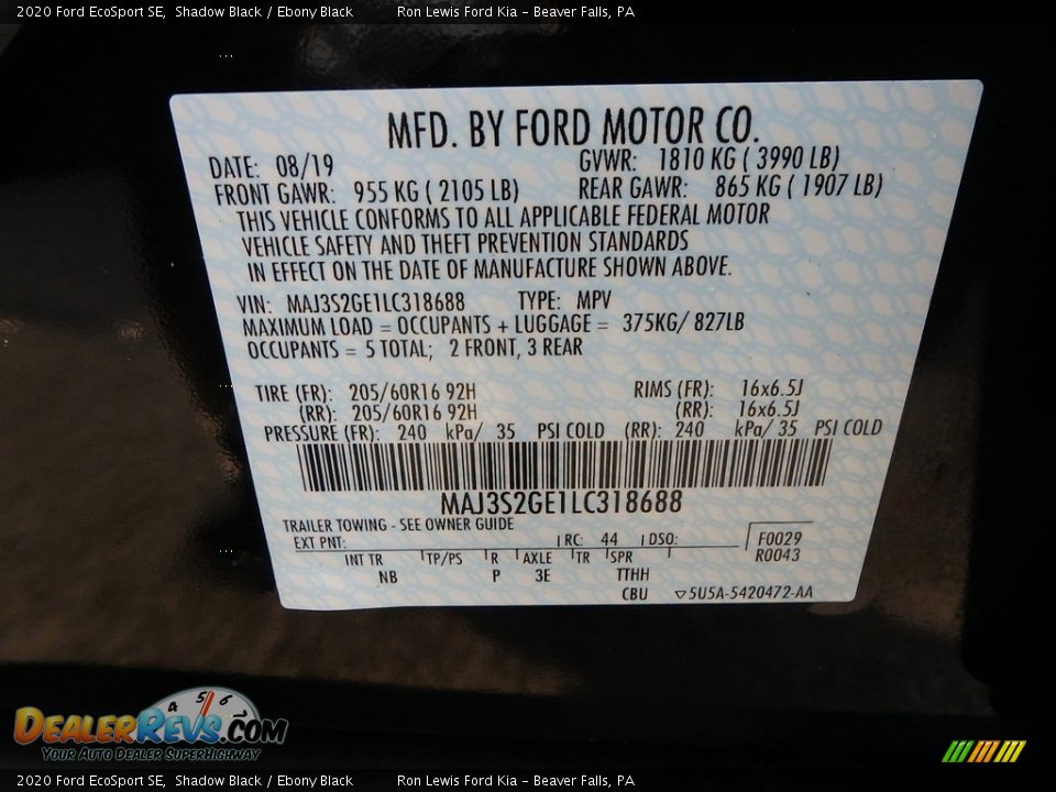 2020 Ford EcoSport SE Shadow Black / Ebony Black Photo #13