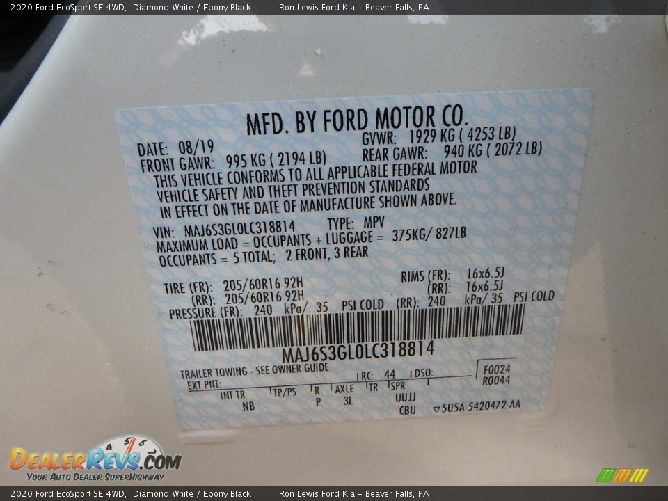 2020 Ford EcoSport SE 4WD Diamond White / Ebony Black Photo #13