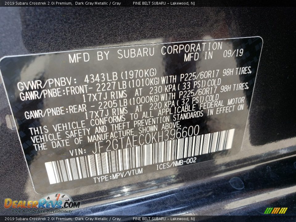 2019 Subaru Crosstrek 2.0i Premium Dark Gray Metallic / Gray Photo #9