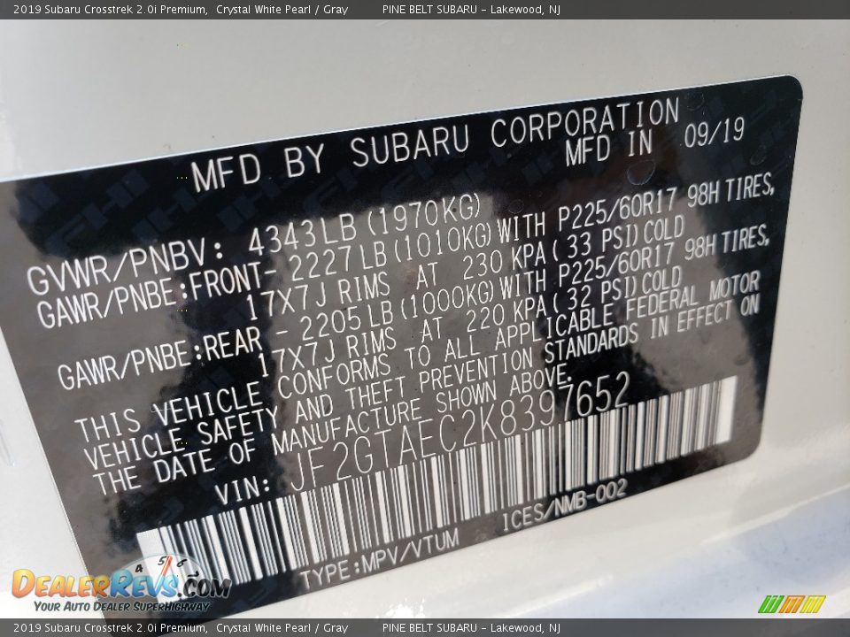 2019 Subaru Crosstrek 2.0i Premium Crystal White Pearl / Gray Photo #9