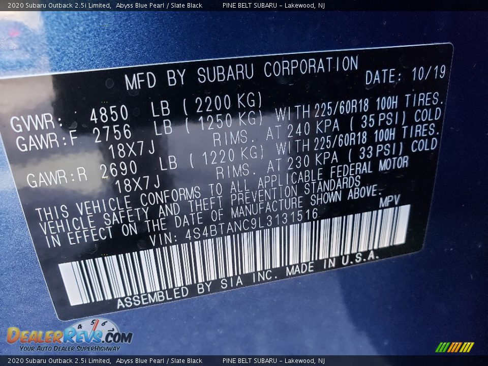 2020 Subaru Outback 2.5i Limited Abyss Blue Pearl / Slate Black Photo #9