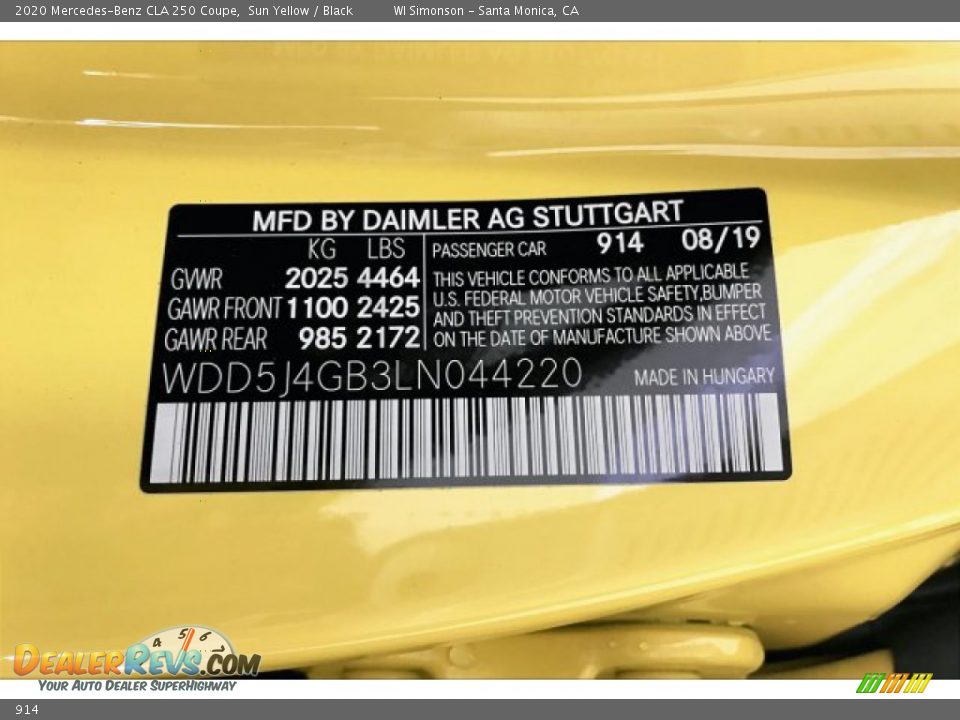 Mercedes-Benz Color Code 914 Sun Yellow