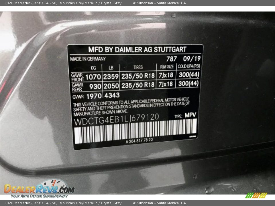 2020 Mercedes-Benz GLA 250 Mountain Grey Metallic / Crystal Gray Photo #11