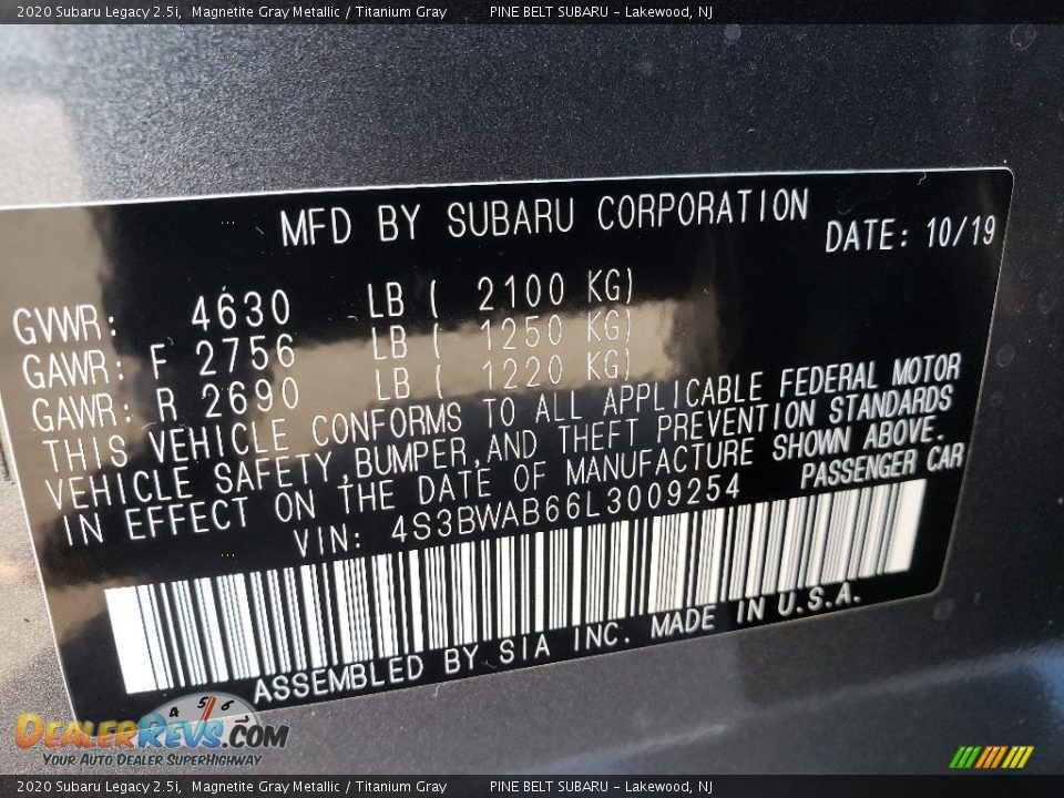 2020 Subaru Legacy 2.5i Magnetite Gray Metallic / Titanium Gray Photo #9