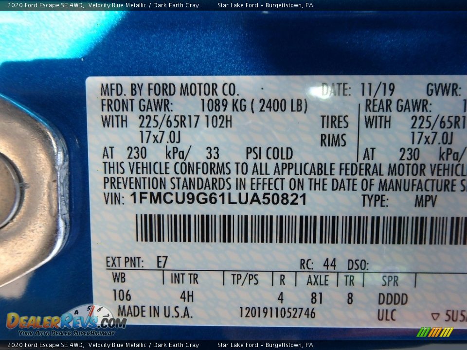 2020 Ford Escape SE 4WD Velocity Blue Metallic / Dark Earth Gray Photo #10