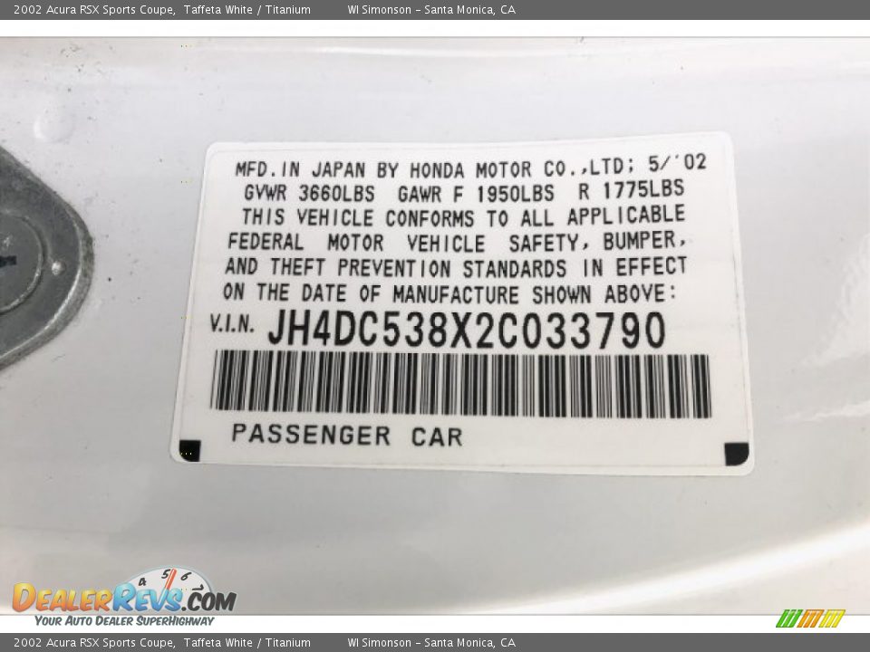 2002 Acura RSX Sports Coupe Taffeta White / Titanium Photo #23