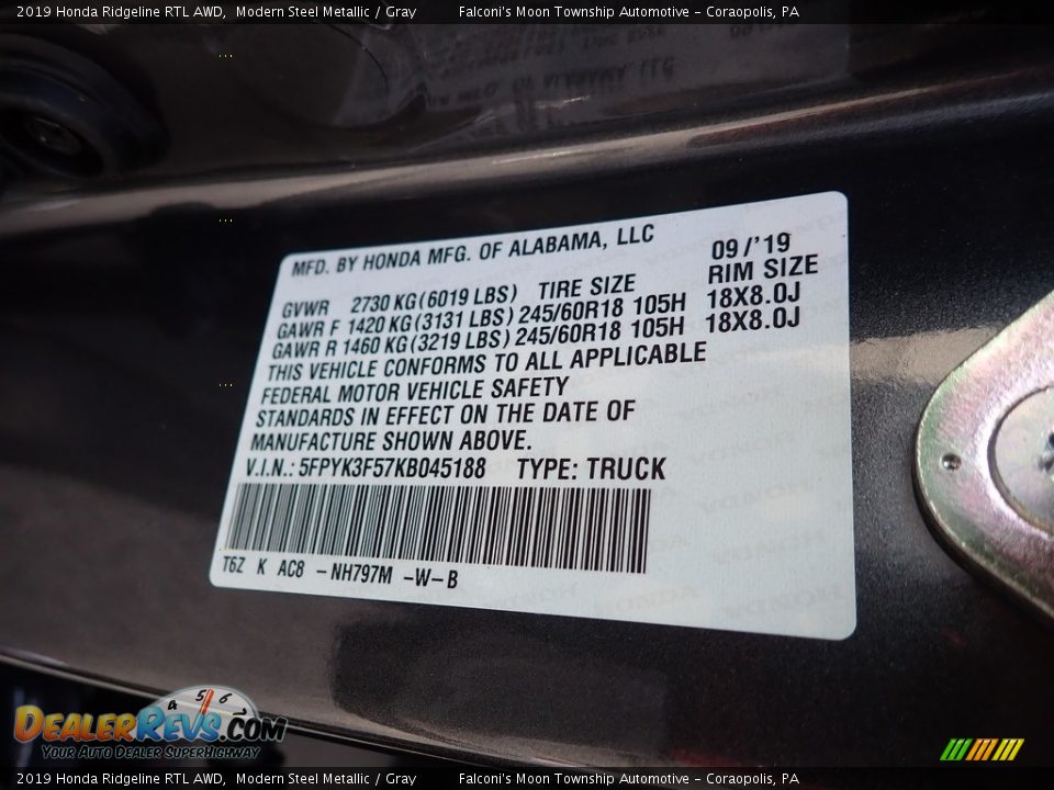 2019 Honda Ridgeline RTL AWD Modern Steel Metallic / Gray Photo #12