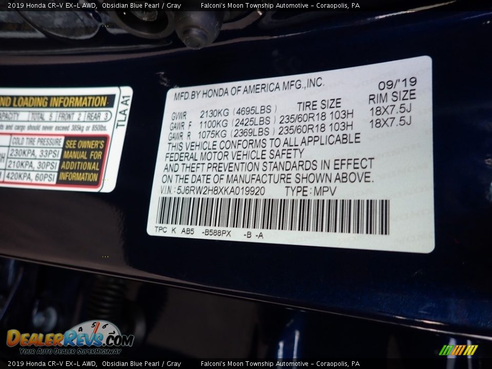 2019 Honda CR-V EX-L AWD Obsidian Blue Pearl / Gray Photo #12