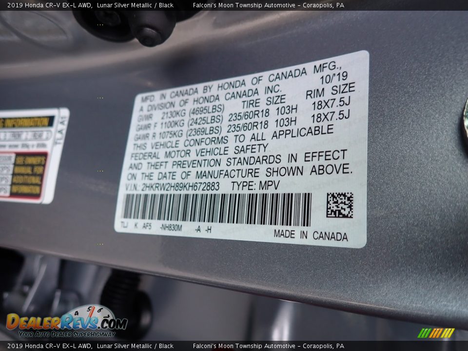 2019 Honda CR-V EX-L AWD Lunar Silver Metallic / Black Photo #12