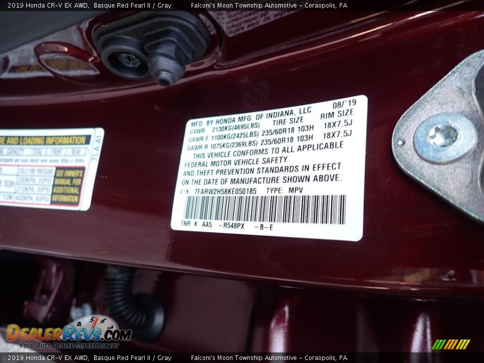 2019 Honda CR-V EX AWD Basque Red Pearl II / Gray Photo #12