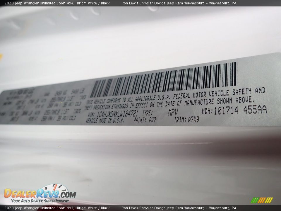 2020 Jeep Wrangler Unlimited Sport 4x4 Bright White / Black Photo #16