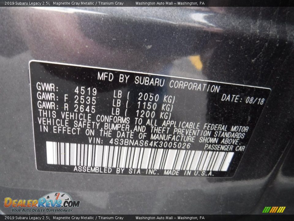 2019 Subaru Legacy 2.5i Magnetite Gray Metallic / Titanium Gray Photo #29