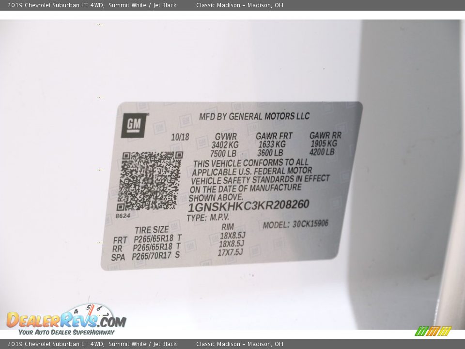 2019 Chevrolet Suburban LT 4WD Summit White / Jet Black Photo #26