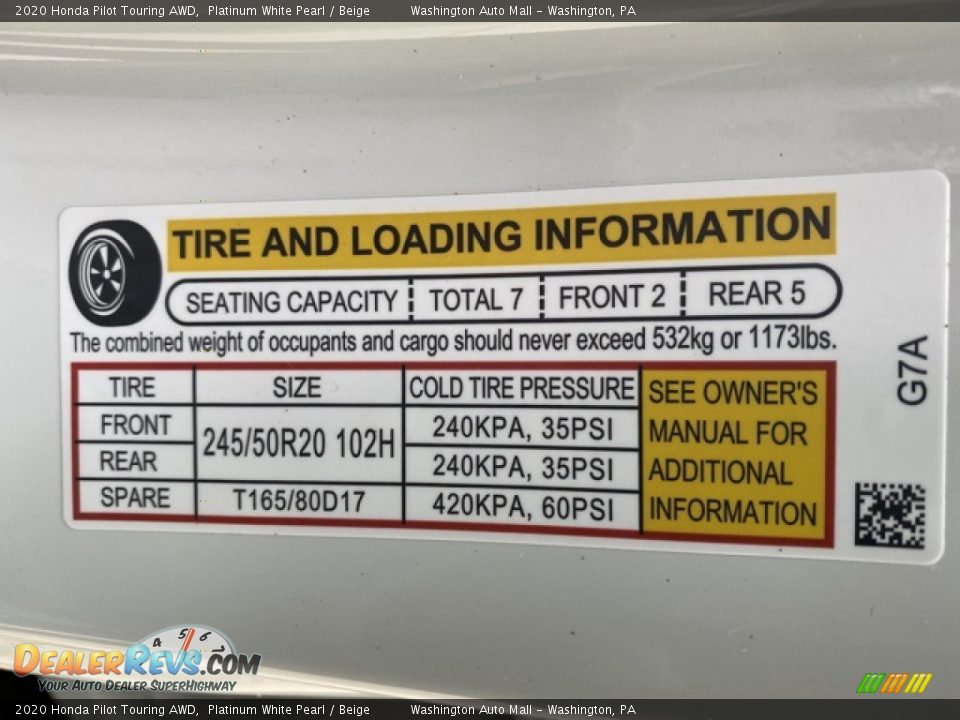 Info Tag of 2020 Honda Pilot Touring AWD Photo #8