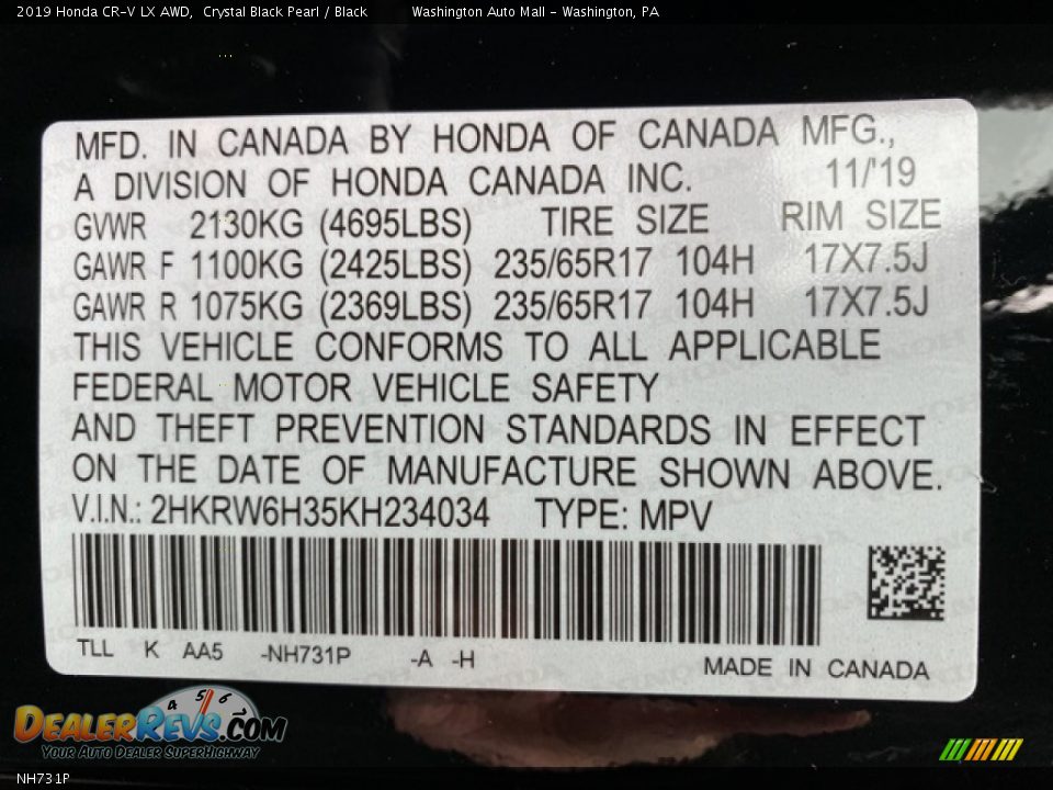 Honda Color Code NH731P Crystal Black Pearl