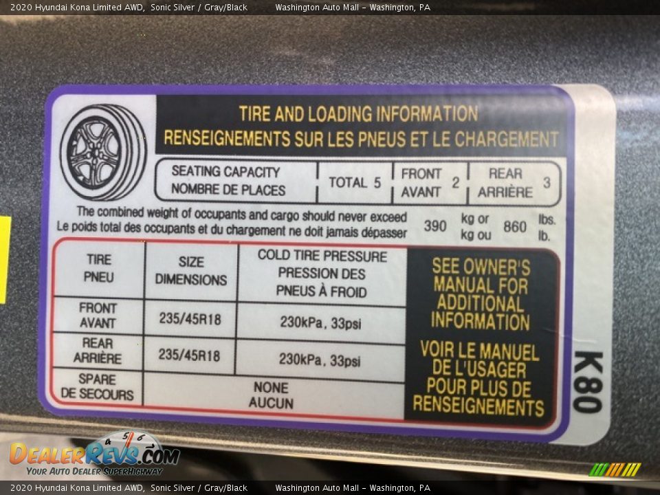 Info Tag of 2020 Hyundai Kona Limited AWD Photo #9