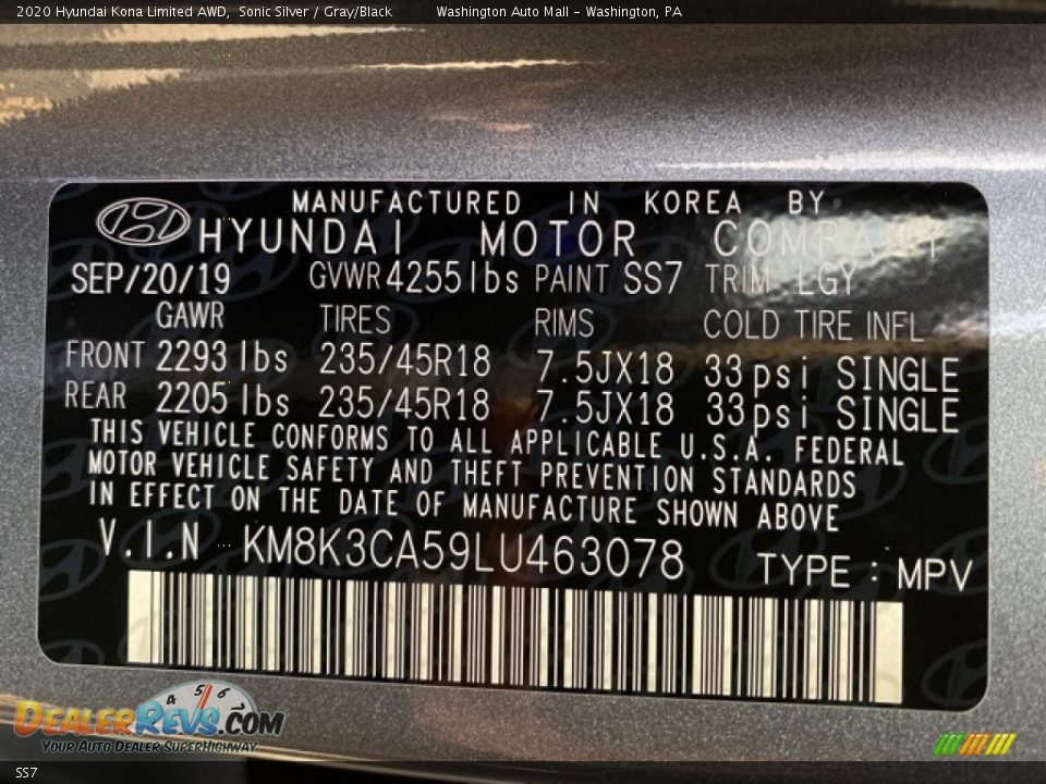 Hyundai Color Code SS7 Sonic Silver