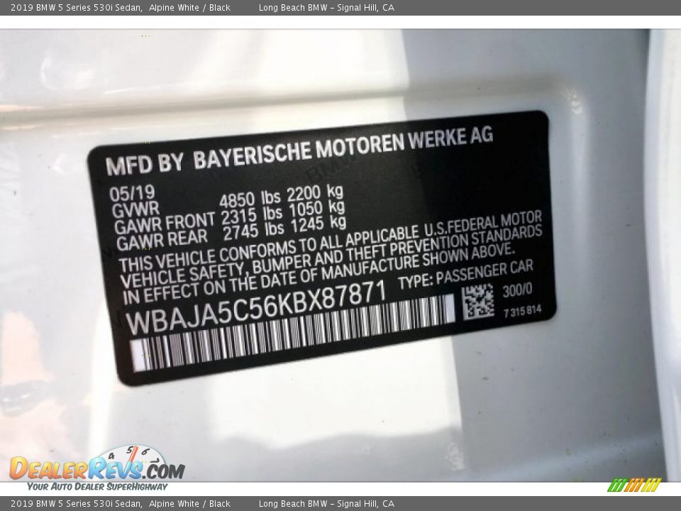 2019 BMW 5 Series 530i Sedan Alpine White / Black Photo #11