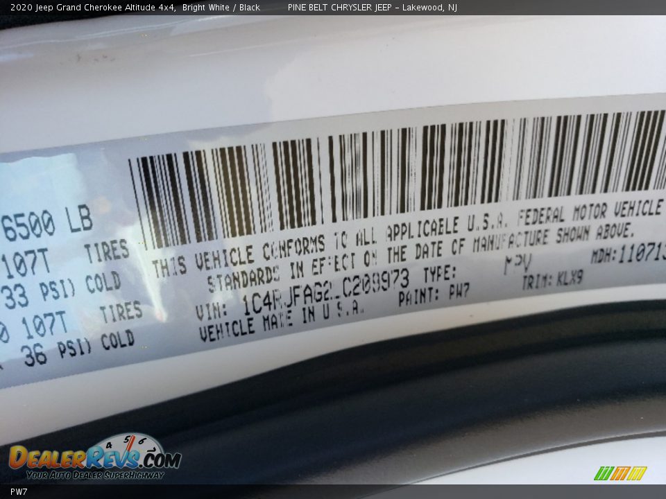 Jeep Color Code PW7 Bright White