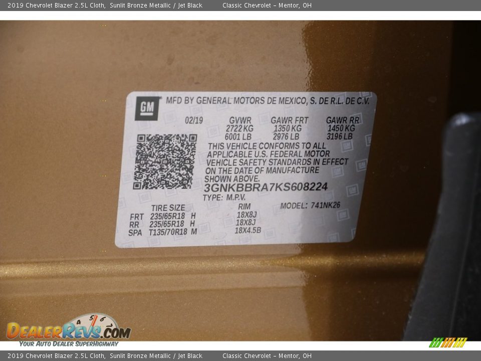 2019 Chevrolet Blazer 2.5L Cloth Sunlit Bronze Metallic / Jet Black Photo #25