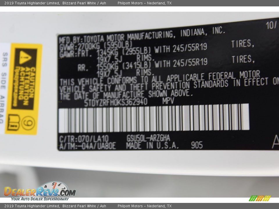 2019 Toyota Highlander Limited Blizzard Pearl White / Ash Photo #28