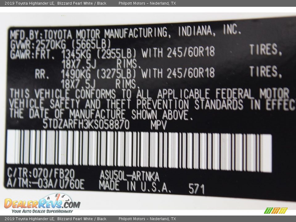 2019 Toyota Highlander LE Blizzard Pearl White / Black Photo #24