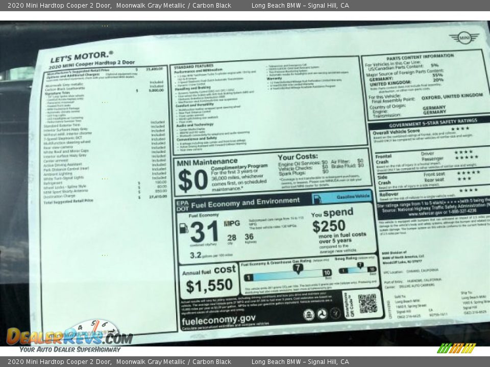 2020 Mini Hardtop Cooper 2 Door Moonwalk Gray Metallic / Carbon Black Photo #10