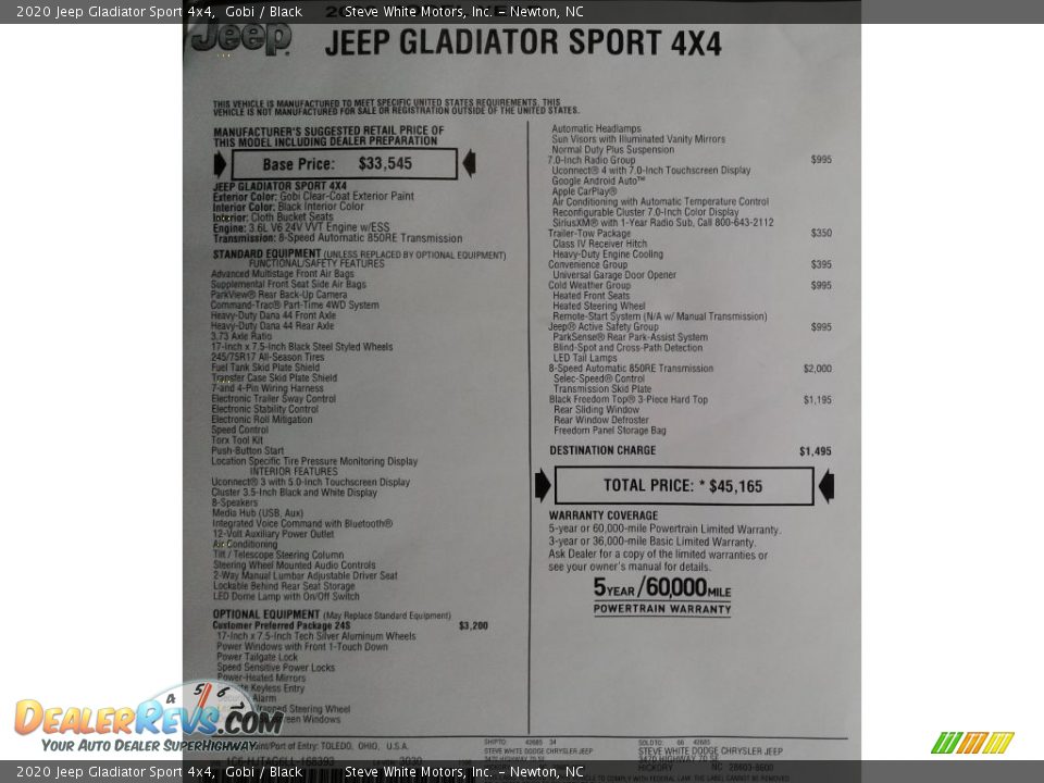 2020 Jeep Gladiator Sport 4x4 Window Sticker Photo #31