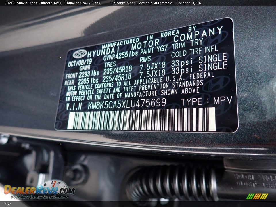 Hyundai Color Code YG7 Thunder Gray